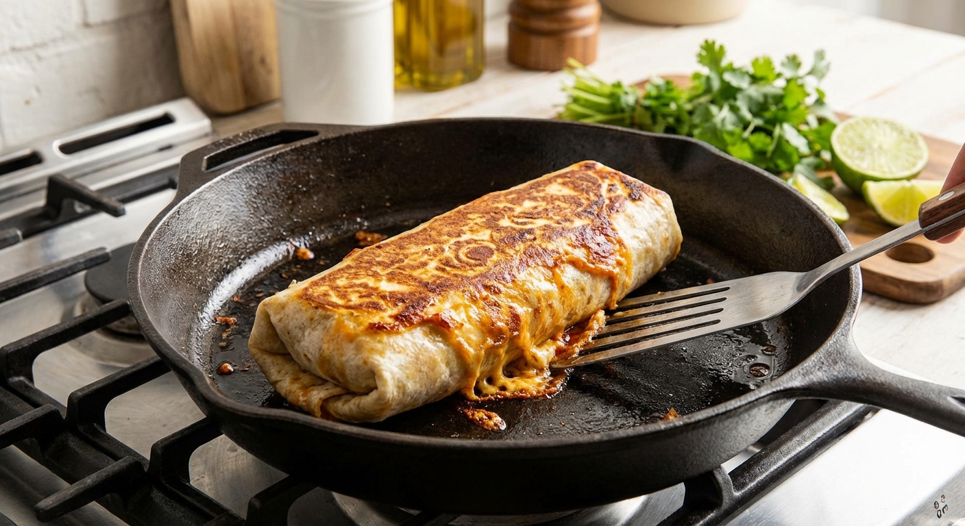 A burrito toasting seam side down in a skillet until golden brown