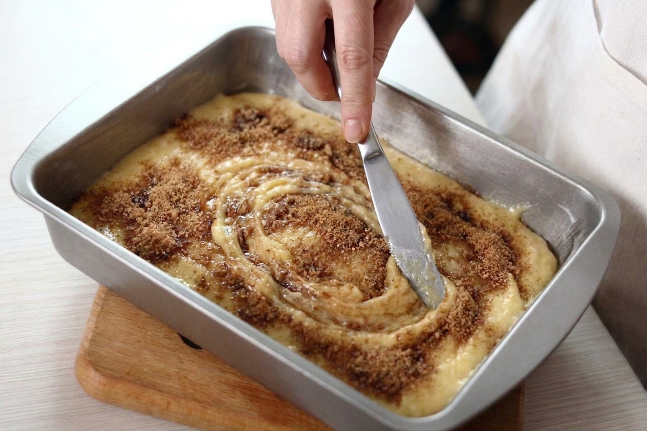 A butter knife swirling a brown sugar pecan mixture through cake batter in a 9x13-inch pan