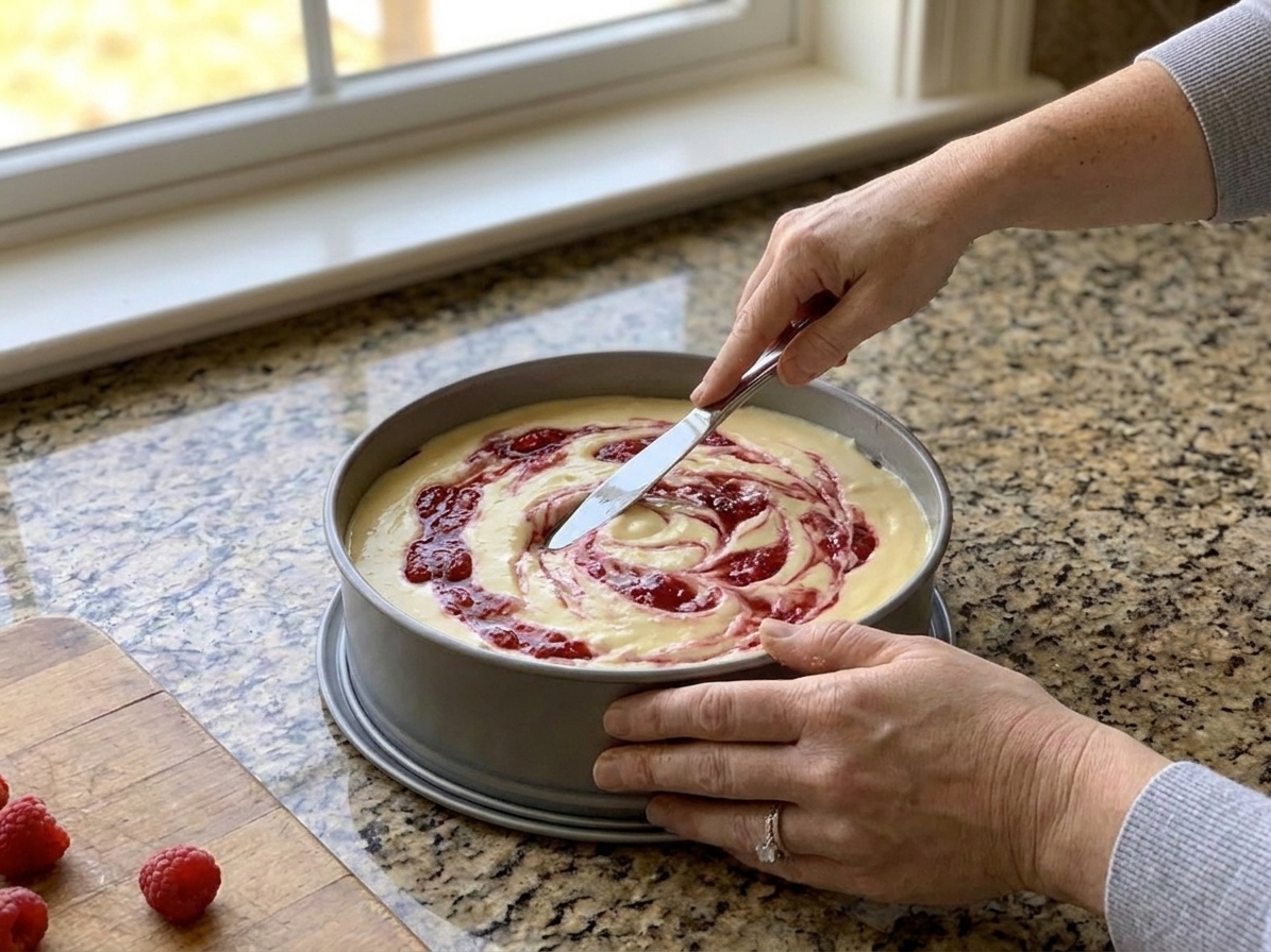 A butter knife swirling raspberry sauce through pale cheesecake batter in a springform pan