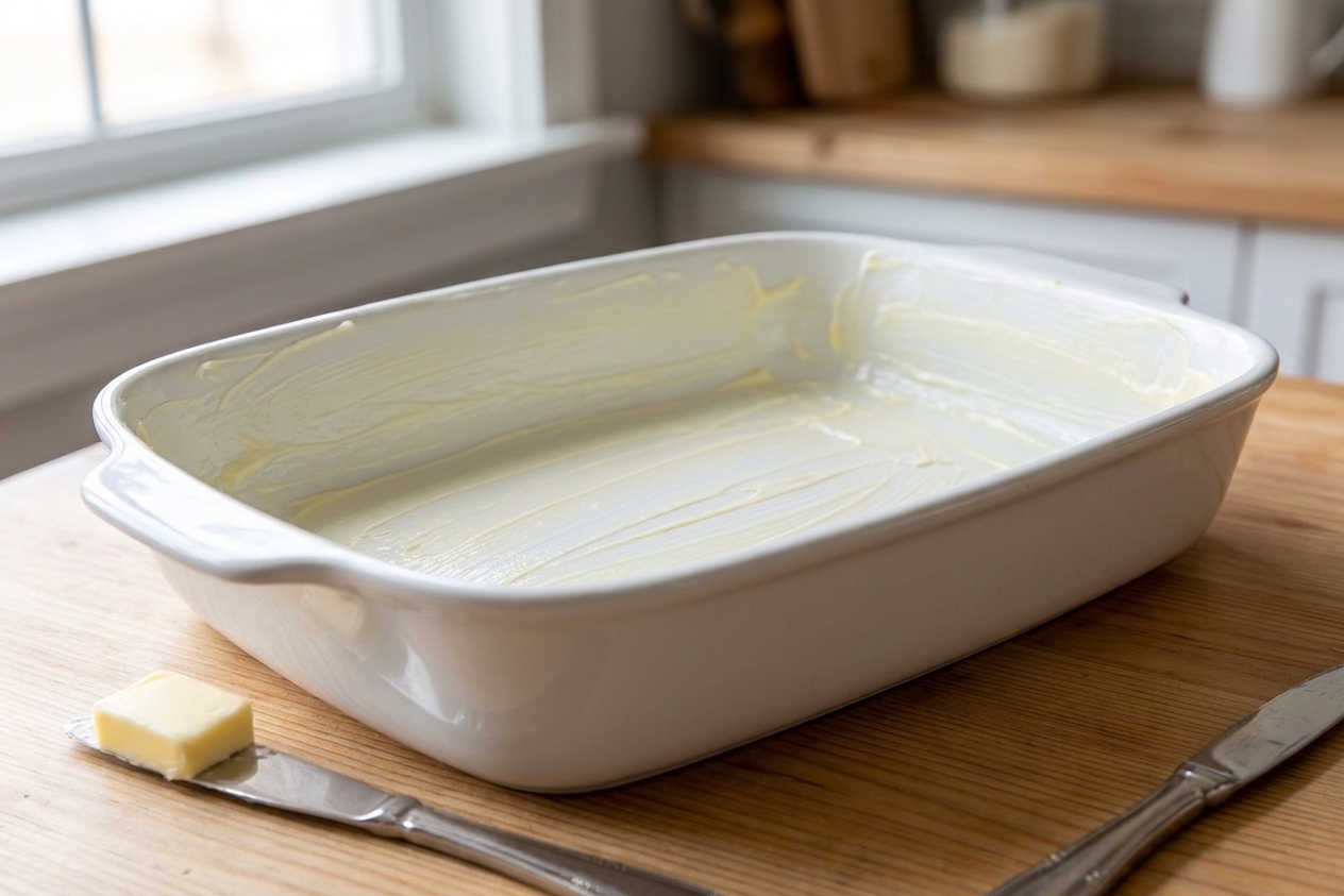 A buttered 9x13 baking dish, evenly coated so the casserole won’t stick.
