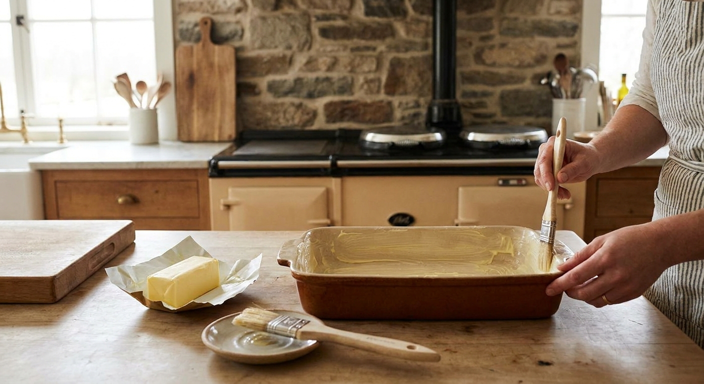 A buttered ceramic baking dish on a kitchen counter with a stick of butter and pastry brush nearby