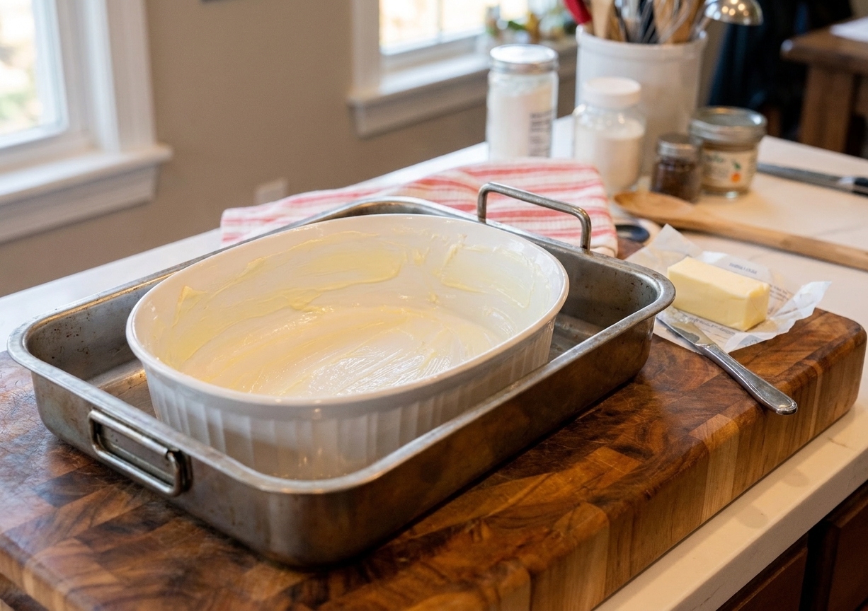 A buttered oval baking dish sitting inside a large roasting pan on a kitchen counter