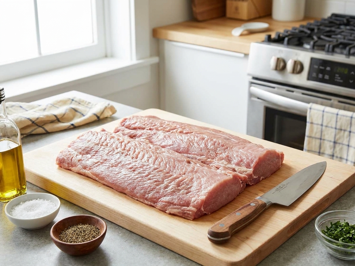 A butterflied pork loin opened flat on a cutting board with a chef’s knife nearby, ready for seasoning in a bright home kitchen