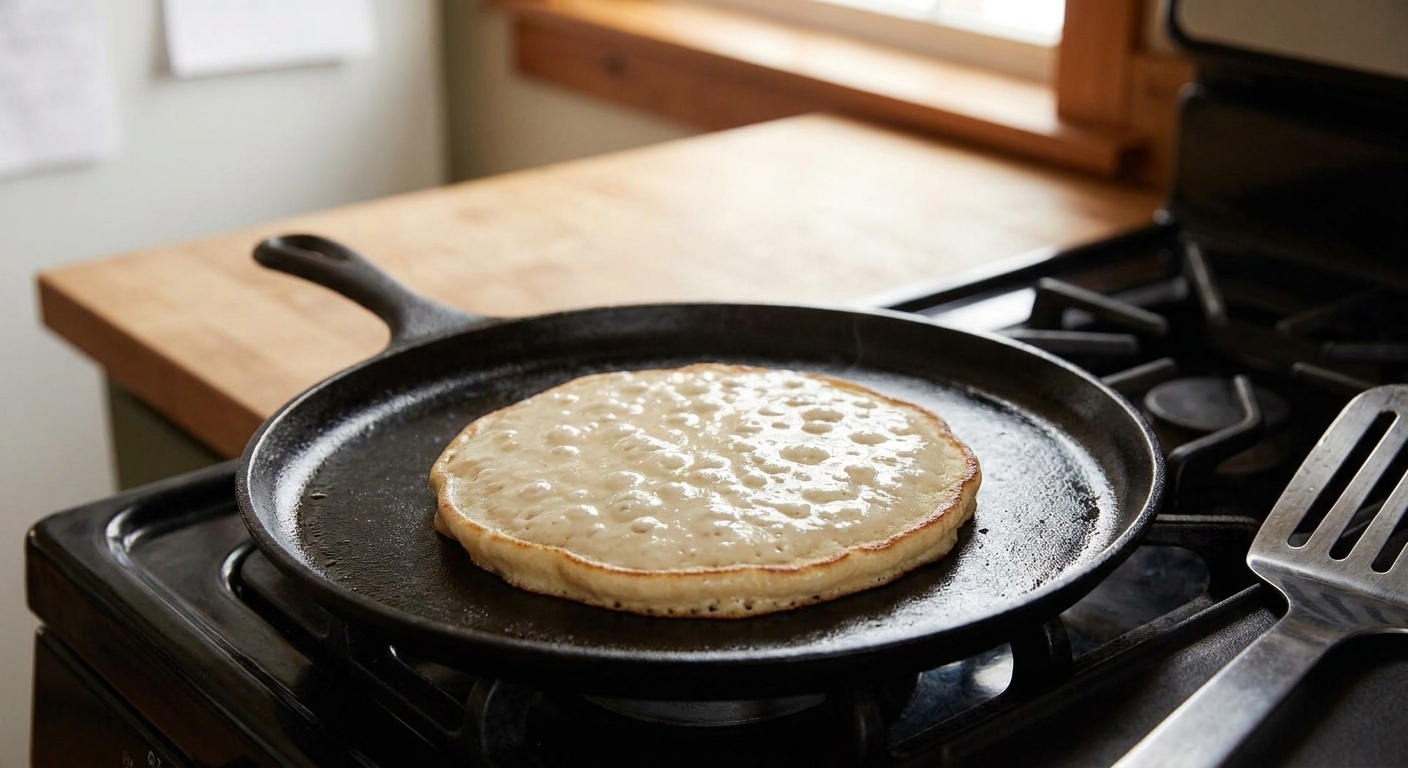 A buttermilk pancake cooking in a skillet with bubbles forming on the surface and edges turning lightly golden