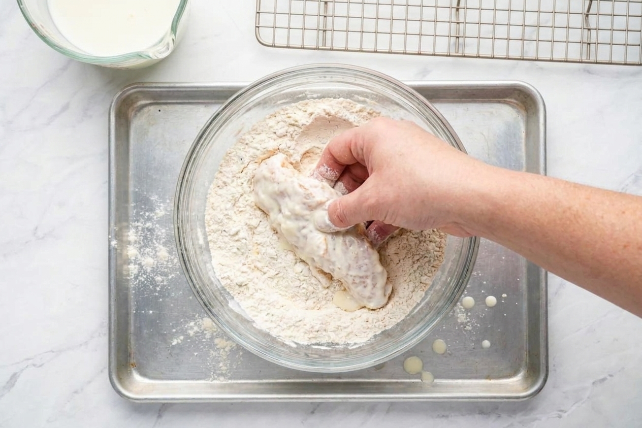 A buttermilk-soaked chicken tender being pressed into a bowl of seasoned flour mixture over a sheet pan