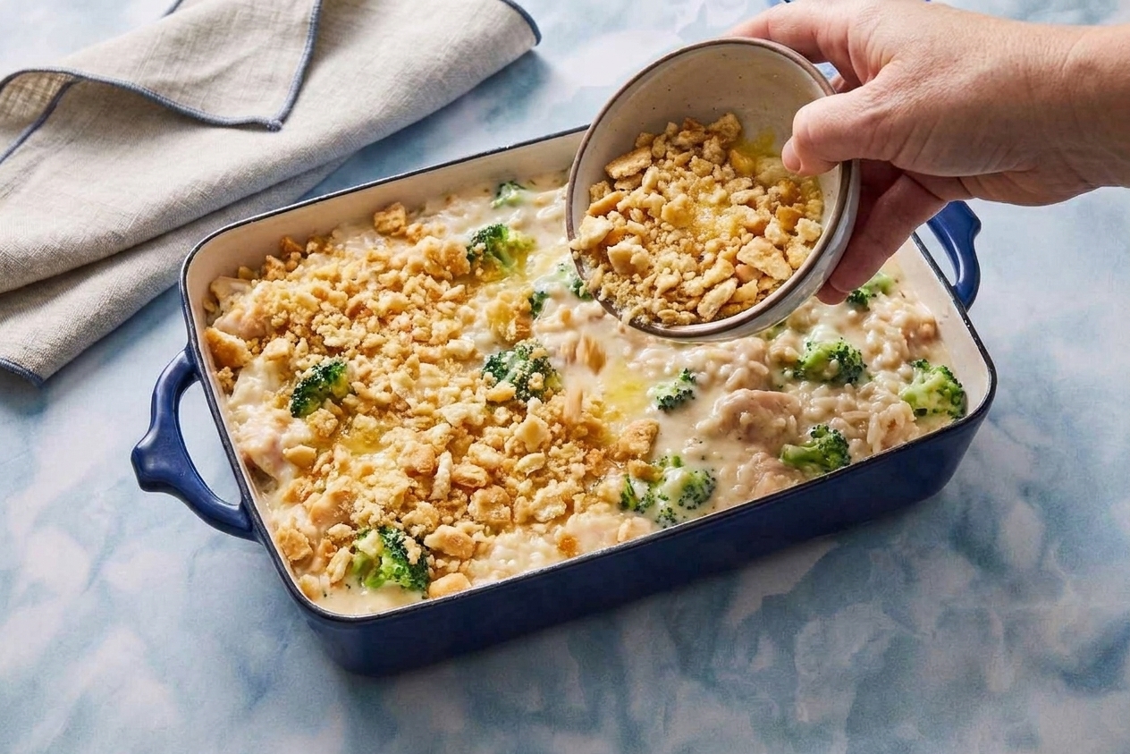 A buttery cracker topping being sprinkled evenly over a casserole in a baking dish before the final bake