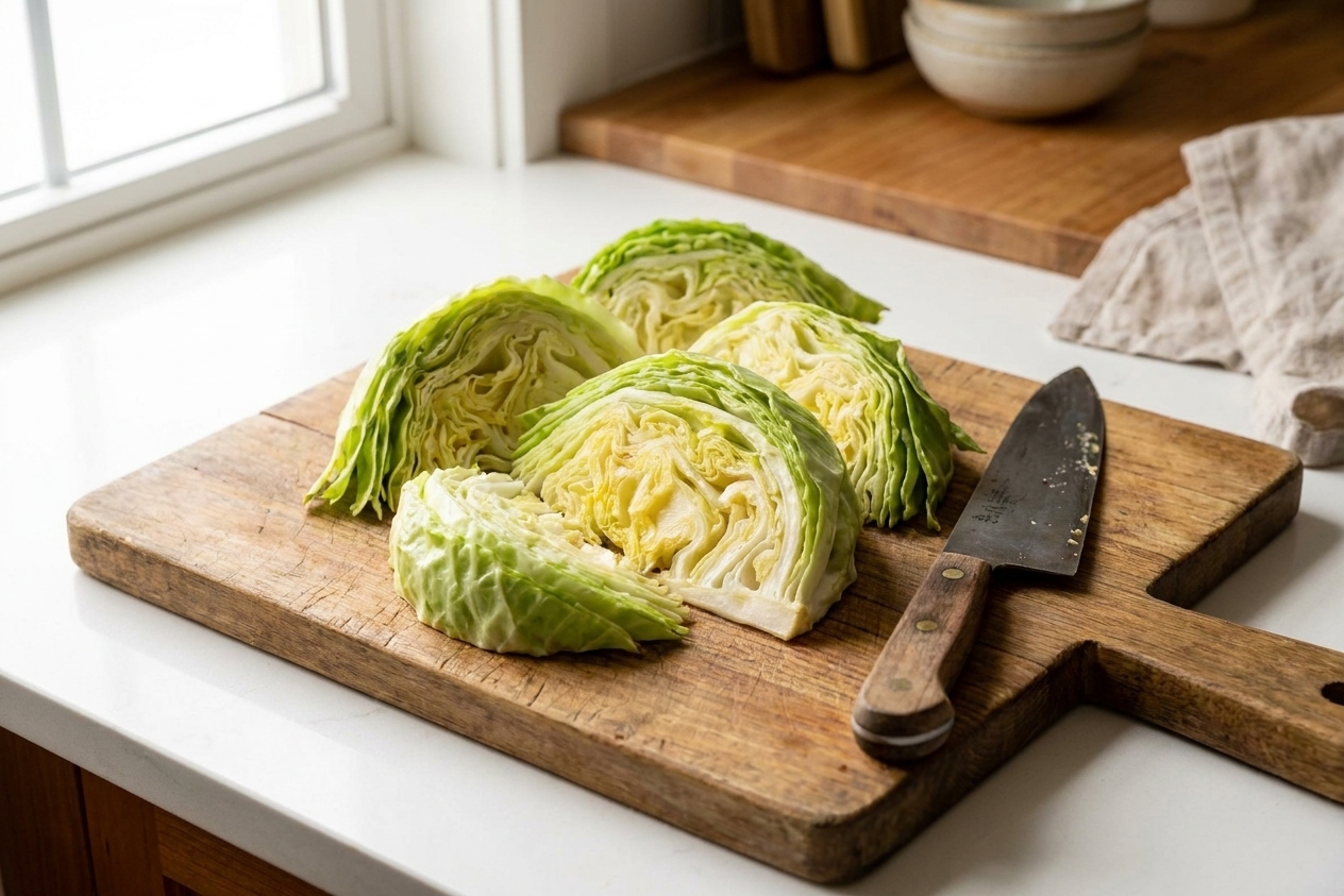 A cabbage cut into thick wedges on a wooden cutting board with a chef’s knife beside it on a bright kitchen counter