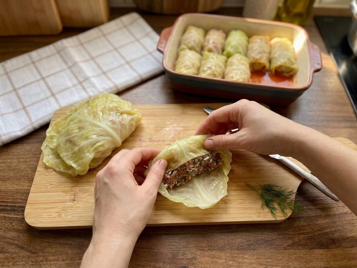 A cabbage leaf on a cutting board being filled and rolled into a tight cabbage roll, with a baking dish nearby