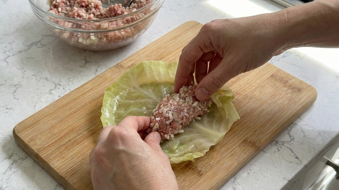 A cabbage leaf on a cutting board being filled and rolled into a tight stuffed cabbage roll
