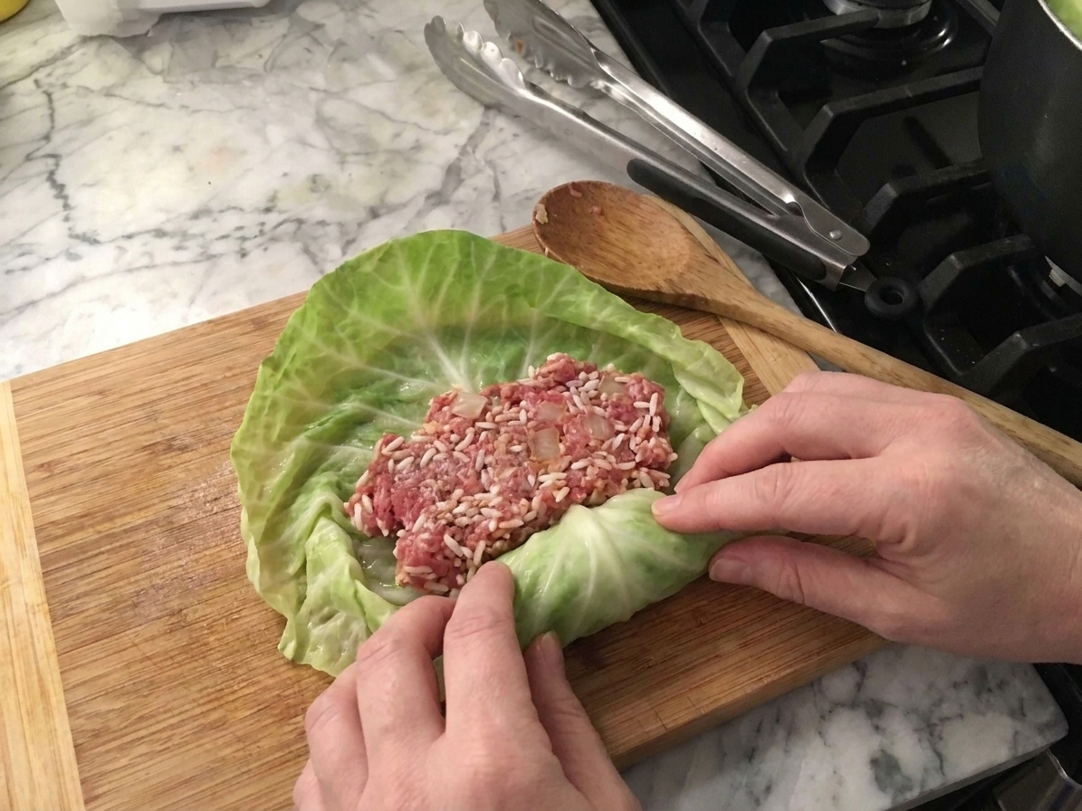 A cabbage leaf on a cutting board being filled with a scoop of meat and rice mixture, sides folded in mid-roll