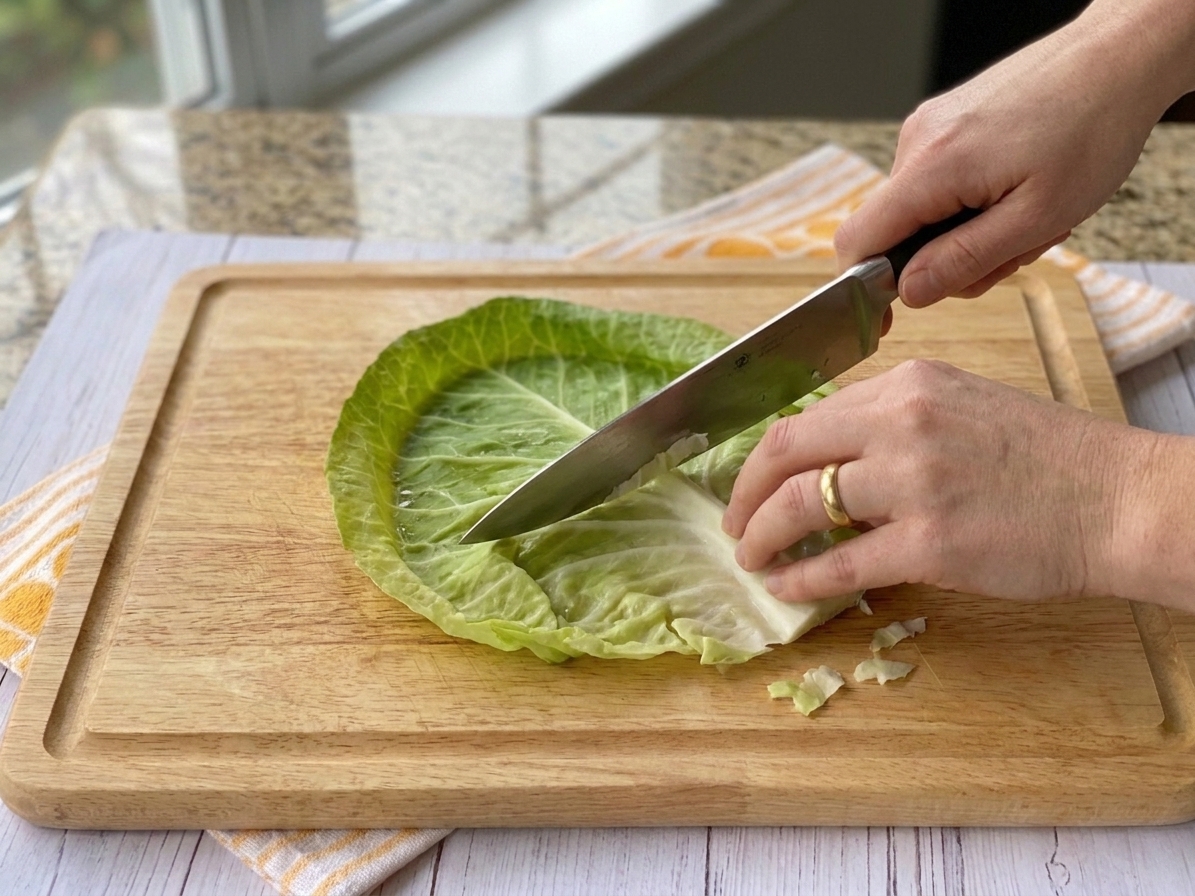 A cabbage leaf on a cutting board while a knife shaves down the thick center rib from the underside to help it roll