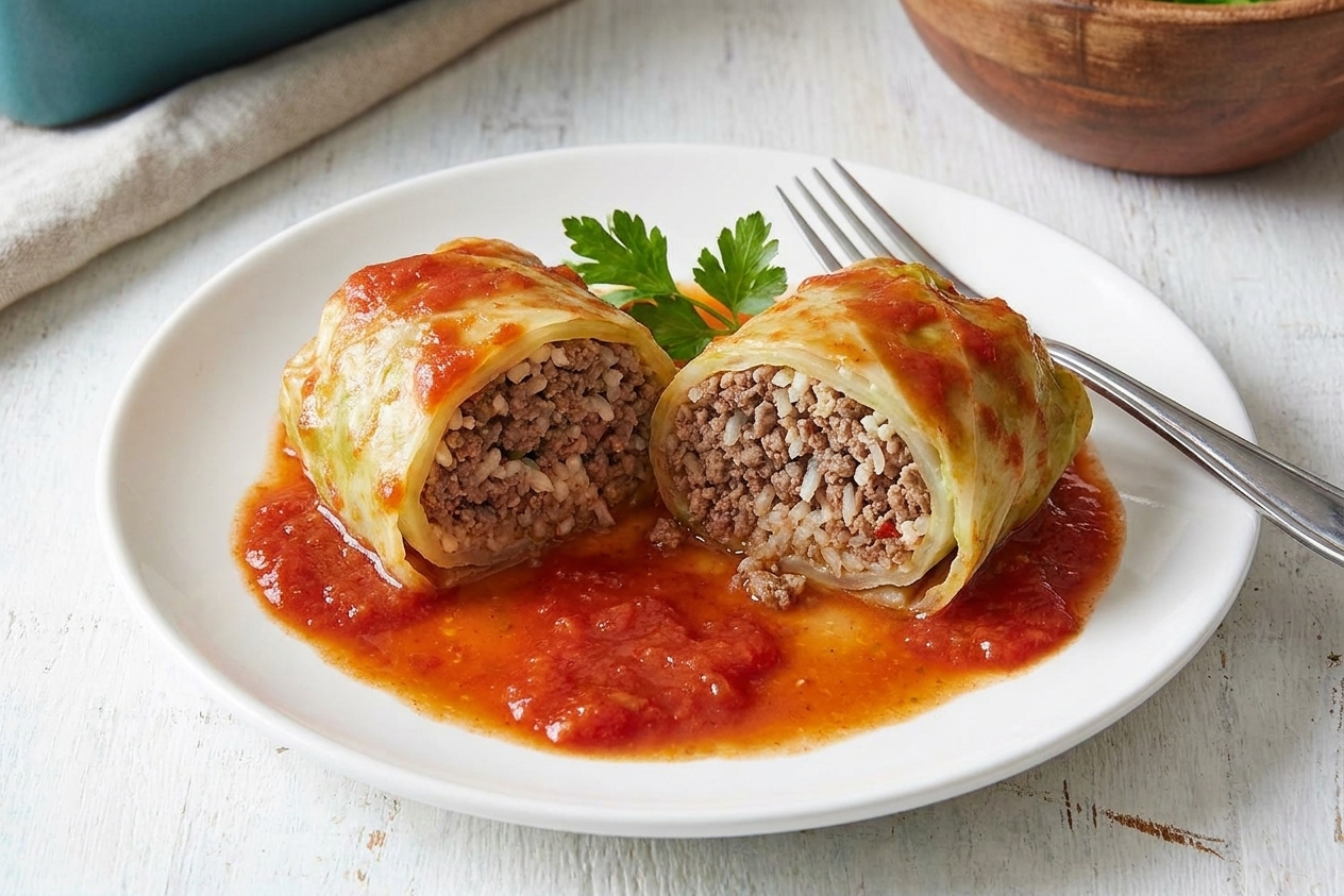 A cabbage roll cut in half on a plate, showing the beef and rice filling inside with tomato sauce pooling around it