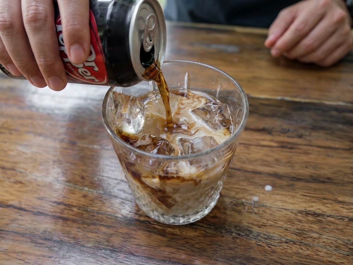 A can of Dr Pepper being poured into a glass over ice with creamy coconut streaks forming in the soda