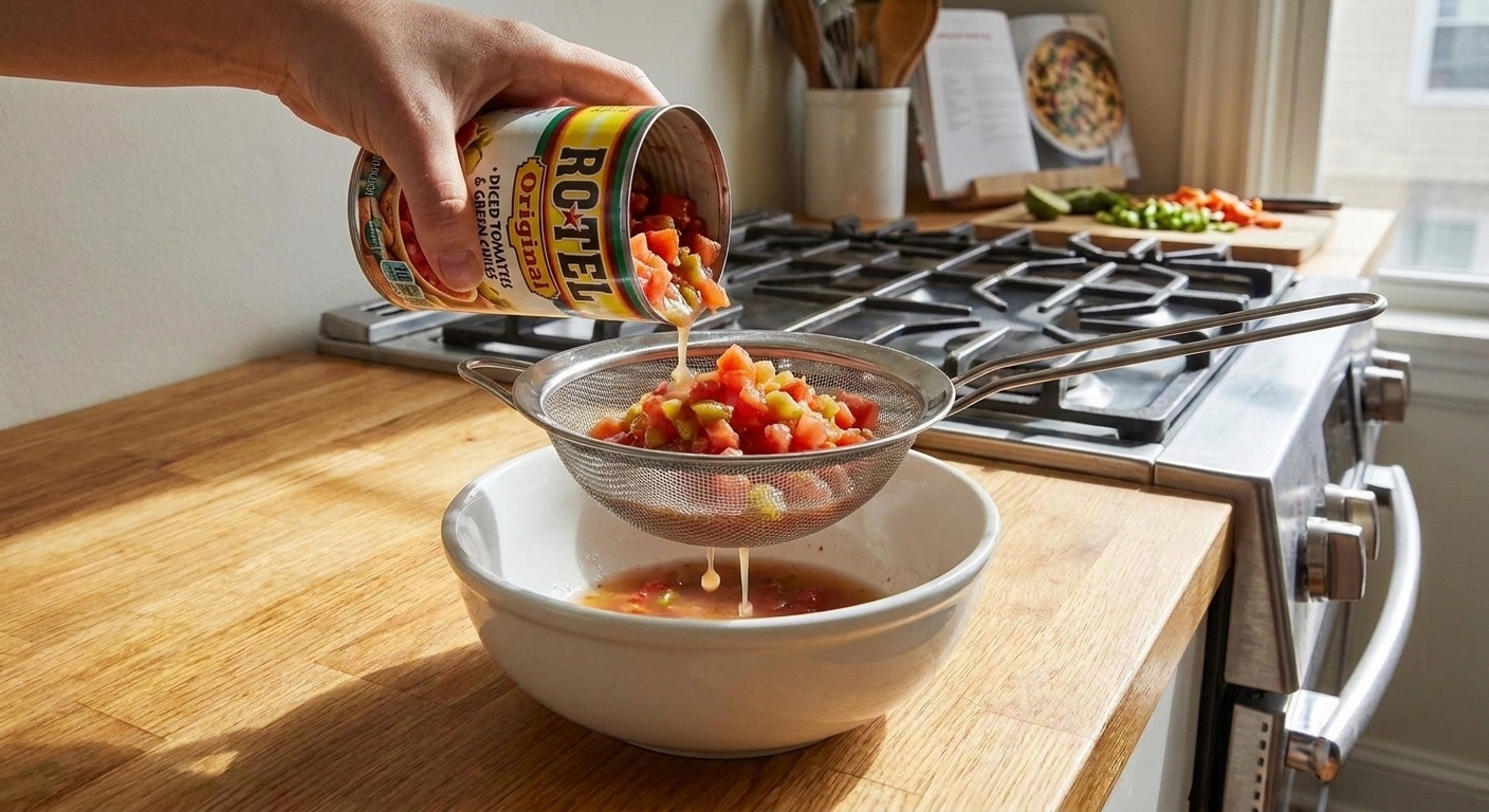 A can of Rotel being poured into a fine mesh strainer over a bowl on a bright kitchen counter, showing the tomatoes and green chiles draining