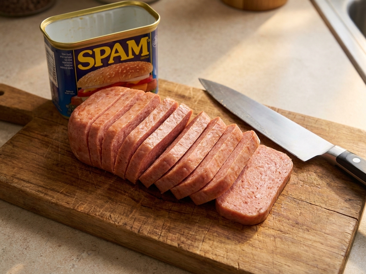 A can of Spam opened with the loaf sliced into even slices on a wooden cutting board beside a chef's knife