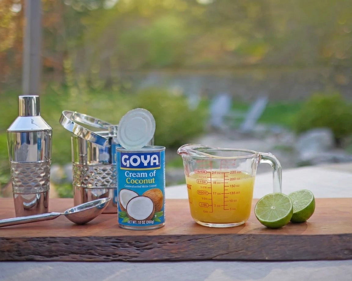 A can of cream of coconut opened next to a glass measuring cup of pineapple juice and a halved lime on a cutting board