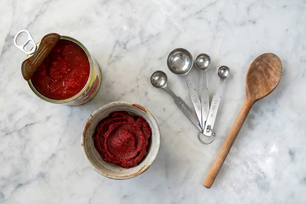 A can of crushed tomatoes, a small bowl of tomato paste, and measuring spoons arranged on a kitchen counter
