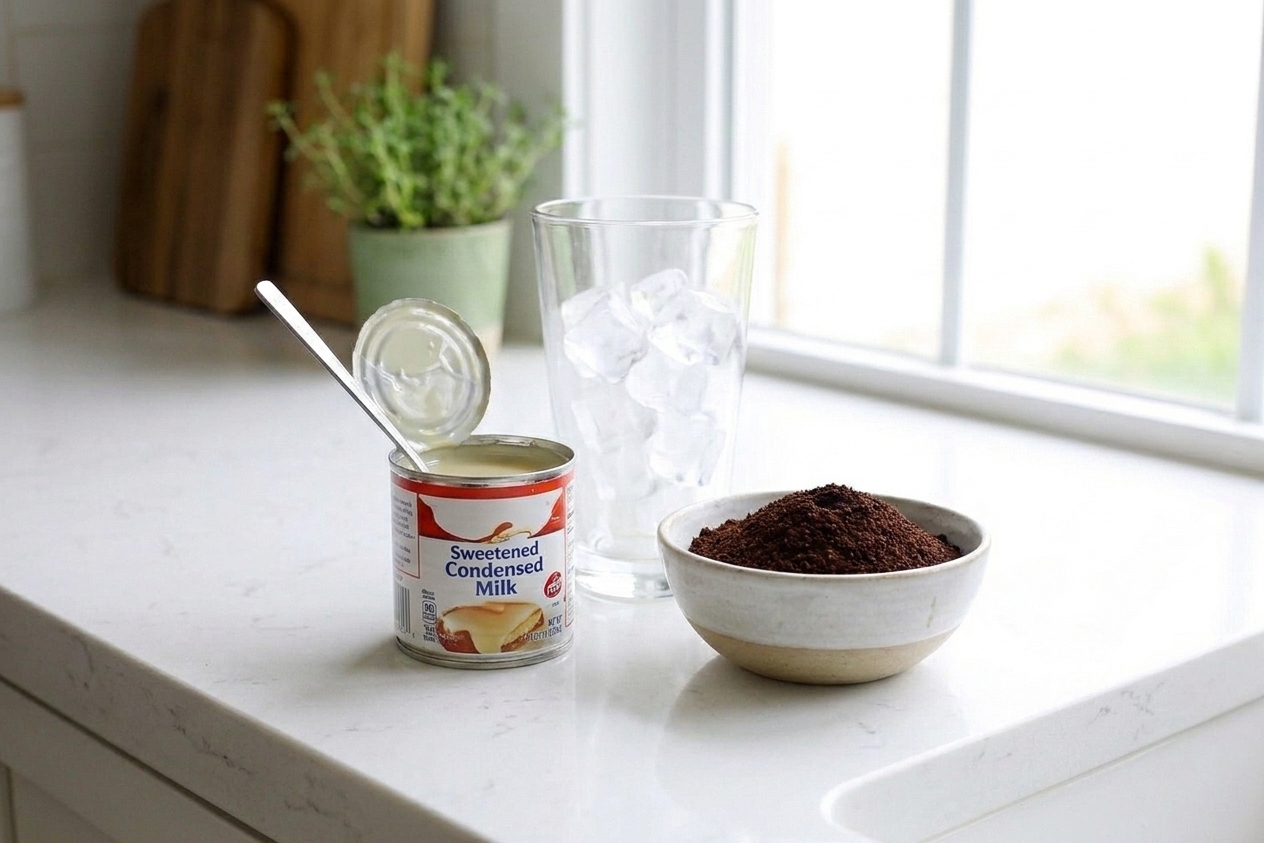 A can of sweetened condensed milk next to a bowl of ground coffee and a glass filled with ice on a bright kitchen counter