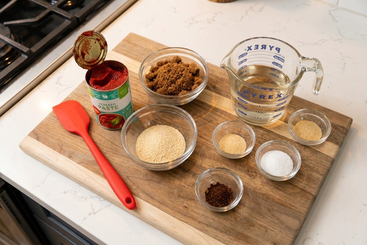 A can of tomato paste, a small bowl of brown sugar, and a measuring cup of vinegar set out with spices on a clean kitchen counter in warm, consistent lighting