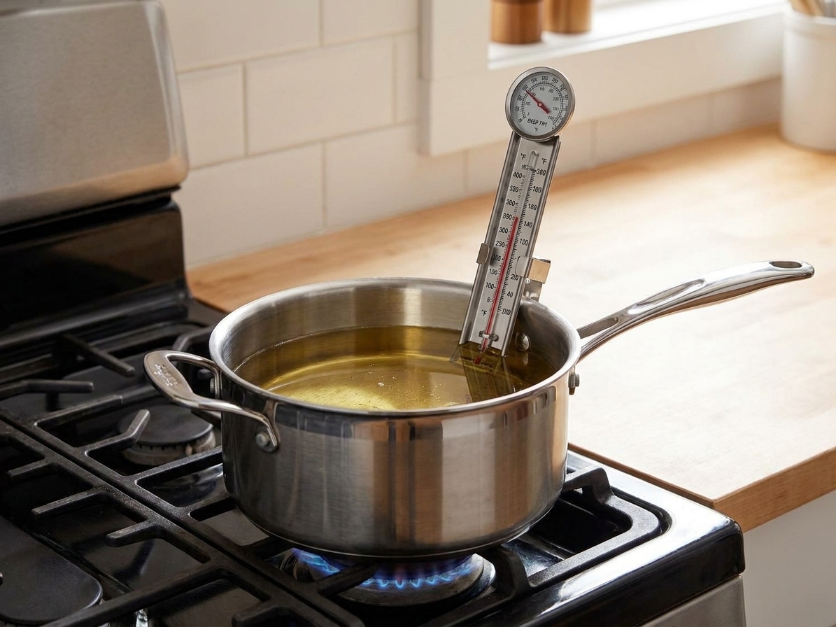 A candy thermometer clipped to a pot of heating oil on a home stove, showing the temperature approaching frying range