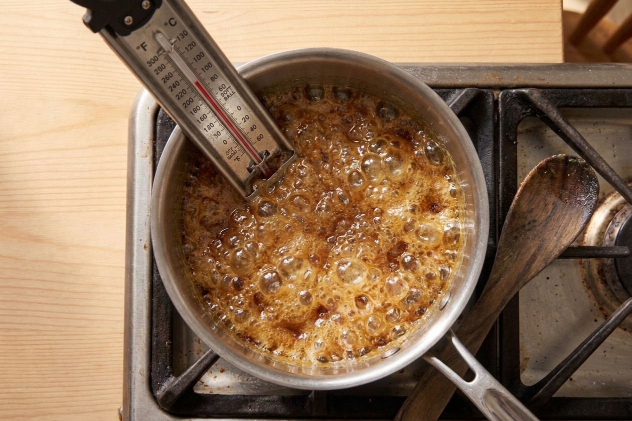 A candy thermometer clipped to a saucepan of bubbling caramel as it approaches soft-ball stage