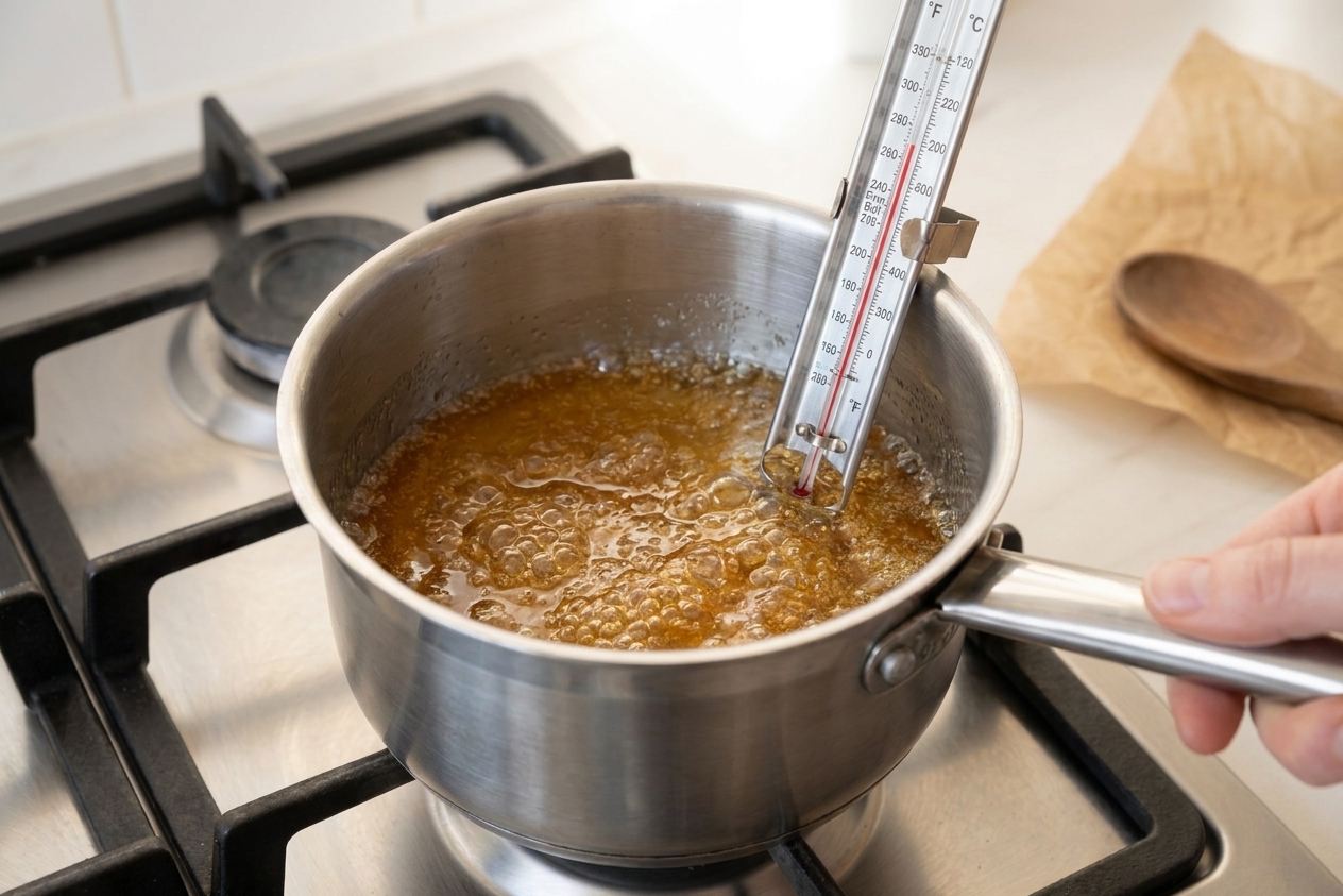 A candy thermometer clipped to a saucepan showing hot sugar syrup near firm ball stage, golden color