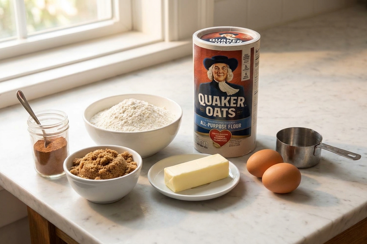 A canister of Quaker Oats next to measured flour, brown sugar, butter, eggs, and cinnamon on a tidy kitchen counter