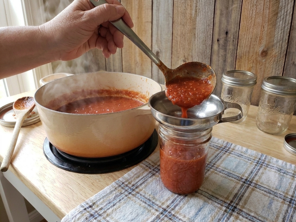 A canning funnel set in a pint jar as hot tomato sauce is ladled in on a kitchen counter