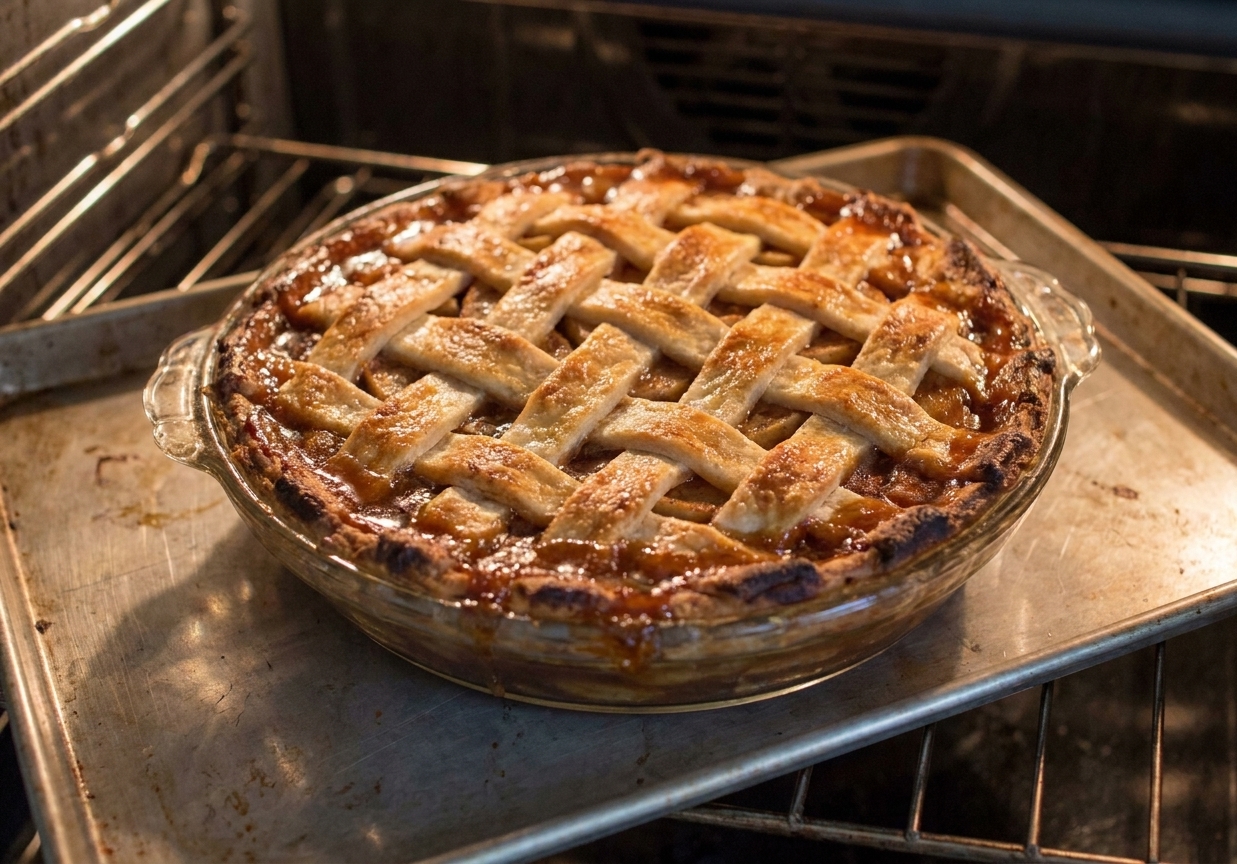 A caramel apple pie in a glass pie dish baking on a sheet pan inside an oven with a golden crust forming