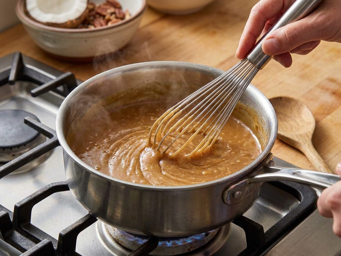 A caramel-colored custard base being whisked in a saucepan on the stovetop as it thickens