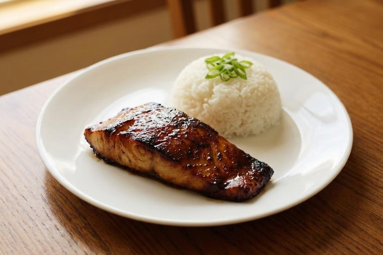 A caramelized miso-glazed cod fillet on a white plate with steamed rice and sliced scallions on a warm-toned dinner table