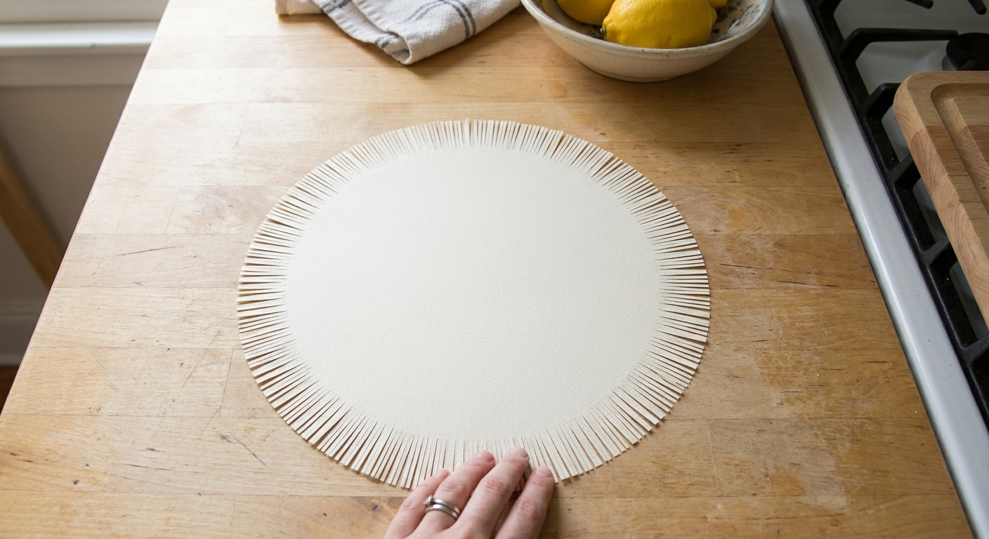 A cardstock circle with evenly cut fringe around the edge, lying flat on a light kitchen table