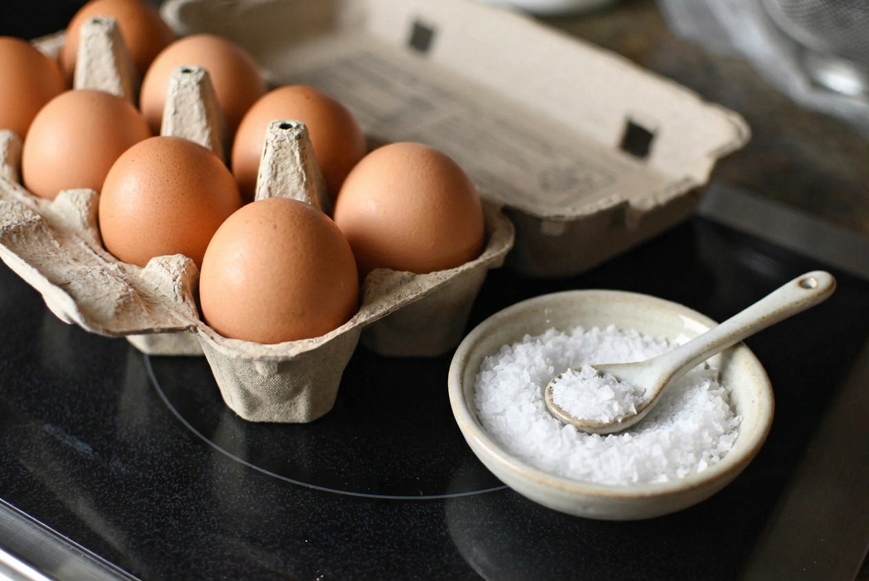 A carton of large eggs sitting on a clean kitchen counter next to a small bowl of flaky salt
