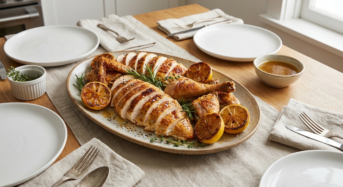 A carved roast chicken arranged on a serving platter with lemon halves and herbs on a simple dinner table setting