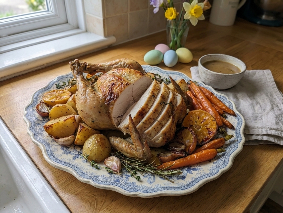 A carved roast chicken arranged on a serving platter with roasted potatoes and fresh herbs, ready for an Easter meal