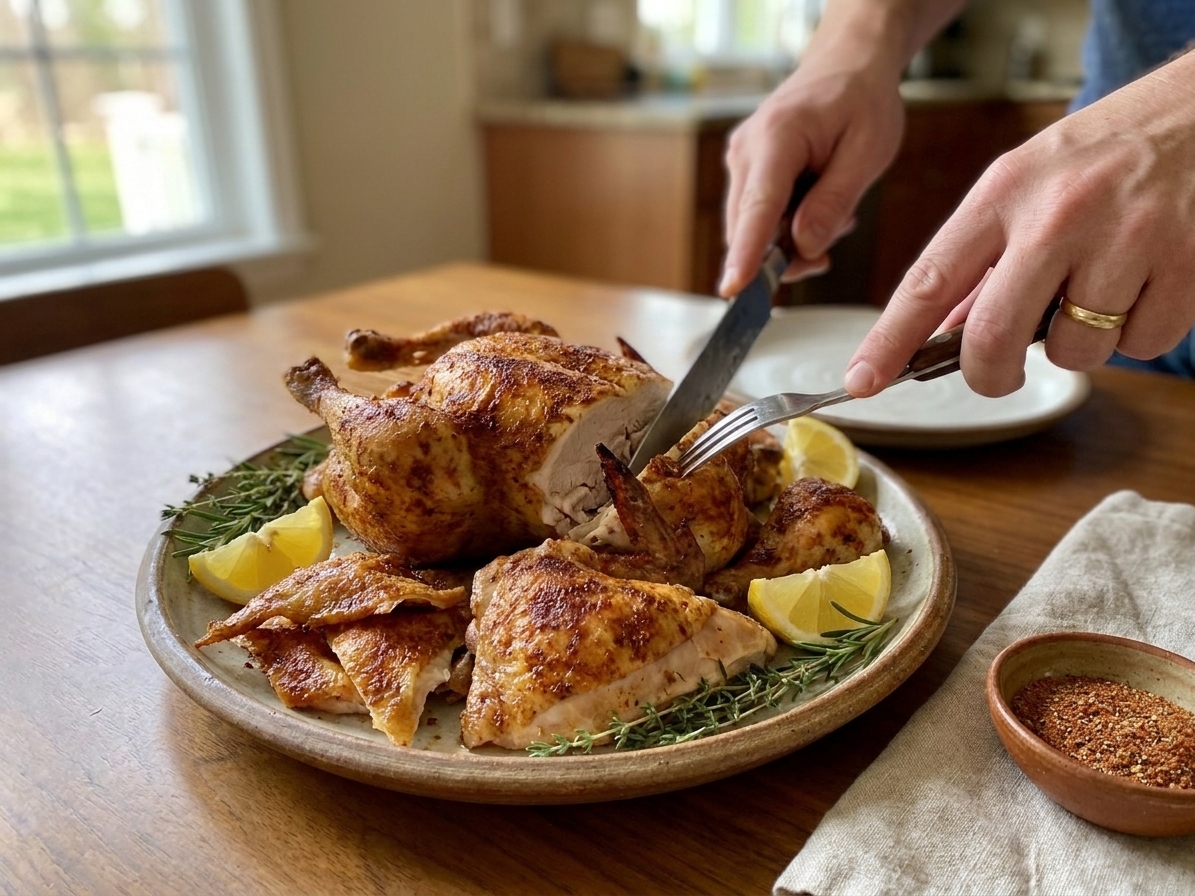 A carved roasted chicken arranged on a serving platter with crispy skin pieces, lemon wedges, and fresh herbs on a dining table