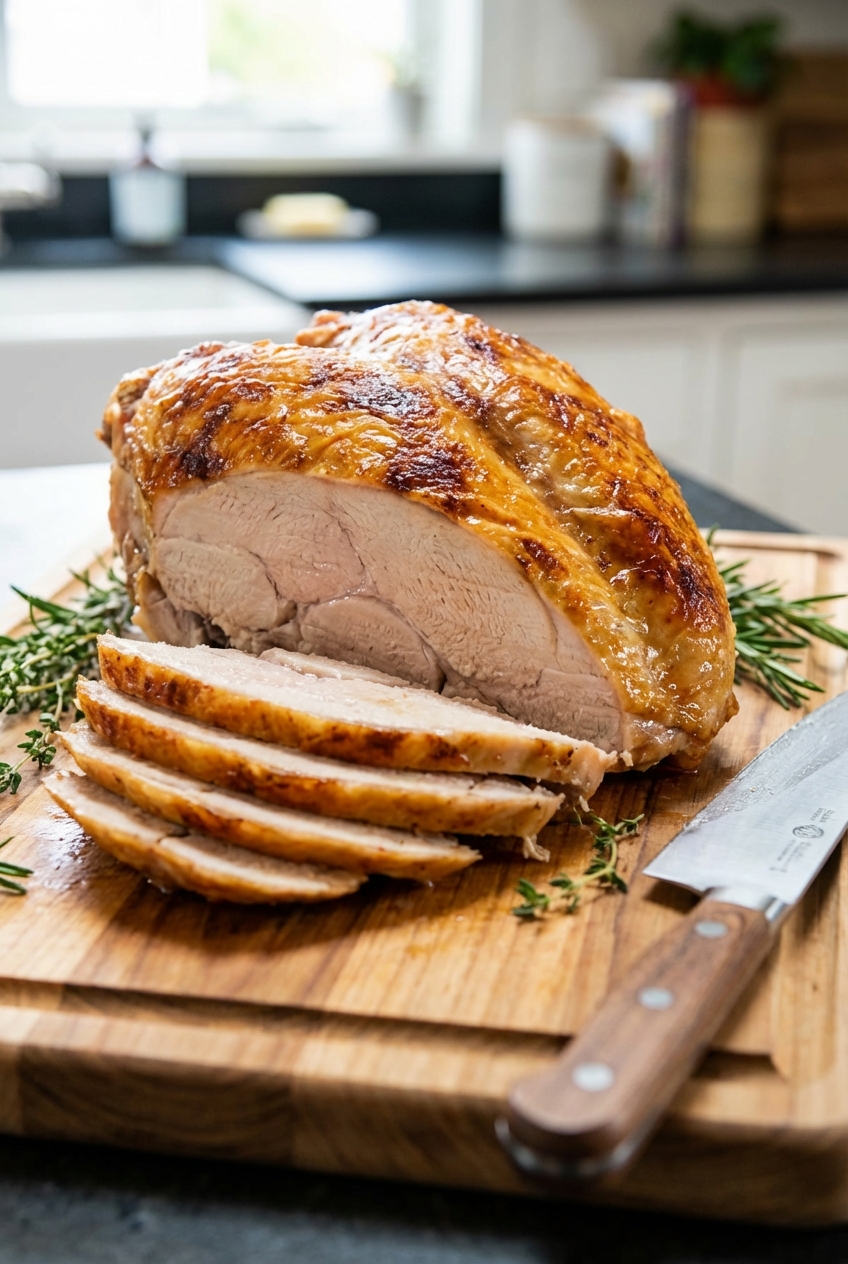 A carved turkey breast with juicy slices and crisp browned skin on a cutting board with a chef knife beside it