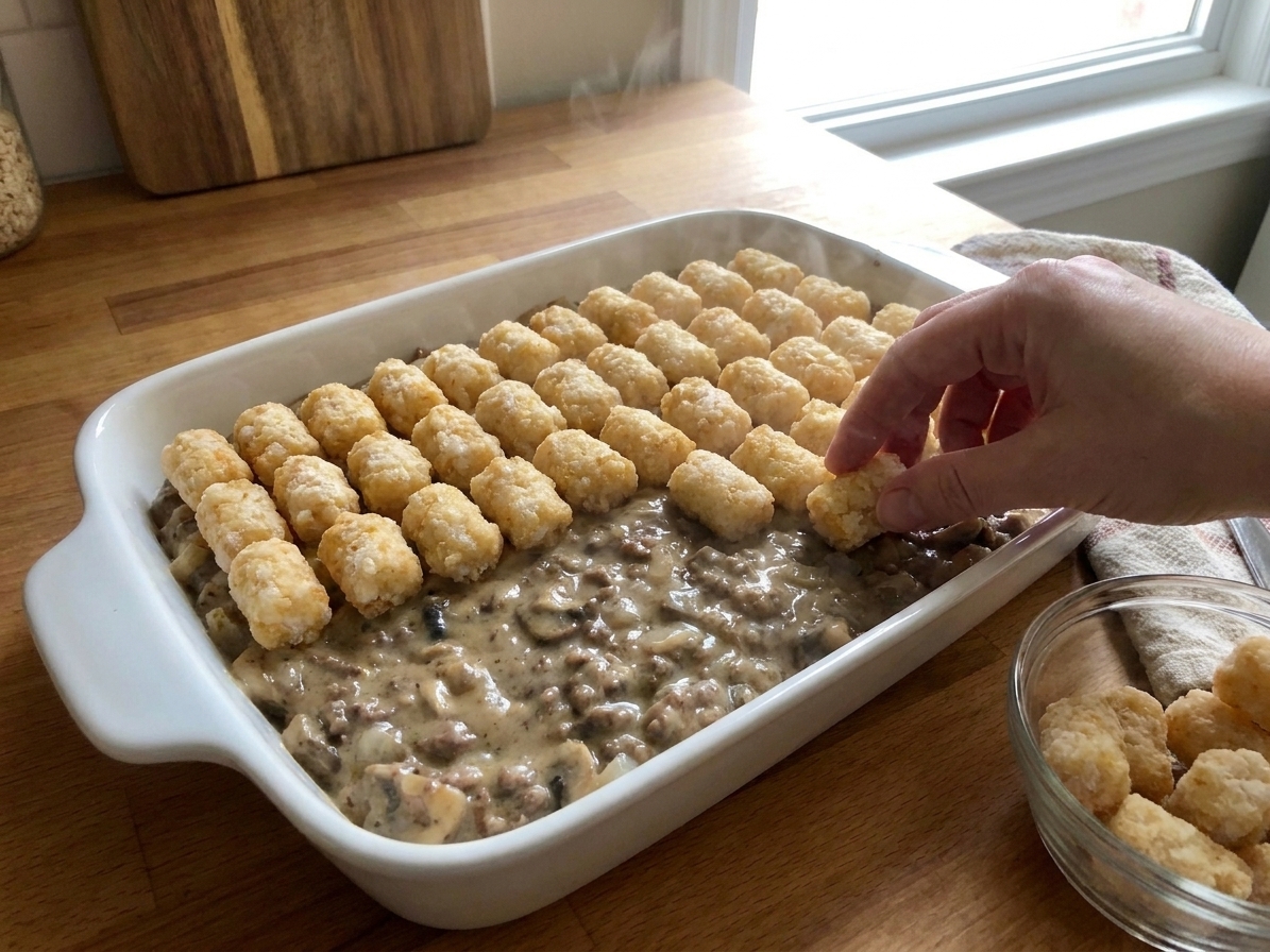 A casserole dish being assembled with a creamy beef filling on the bottom and a single layer of frozen tater tots neatly arranged on top, on a kitchen counter