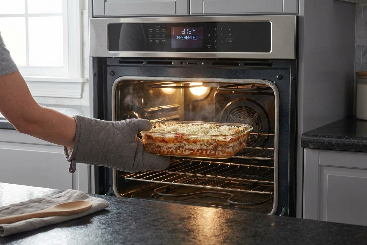 A casserole dish being placed into a preheated oven on the middle rack in a home kitchen