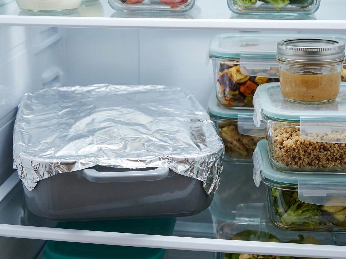 A casserole dish covered tightly with foil on a refrigerator shelf next to meal prep containers