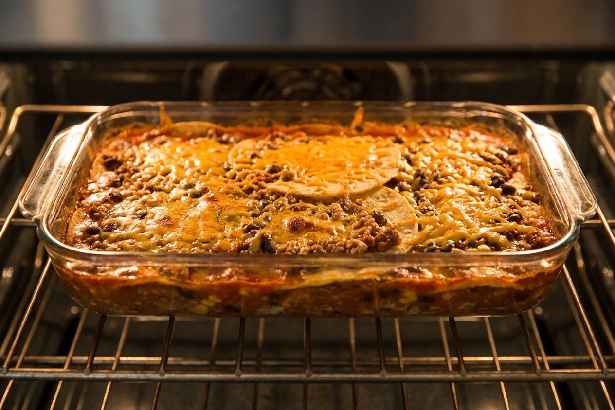 A casserole dish in an oven with cheese melted and bubbling on top, captured during baking