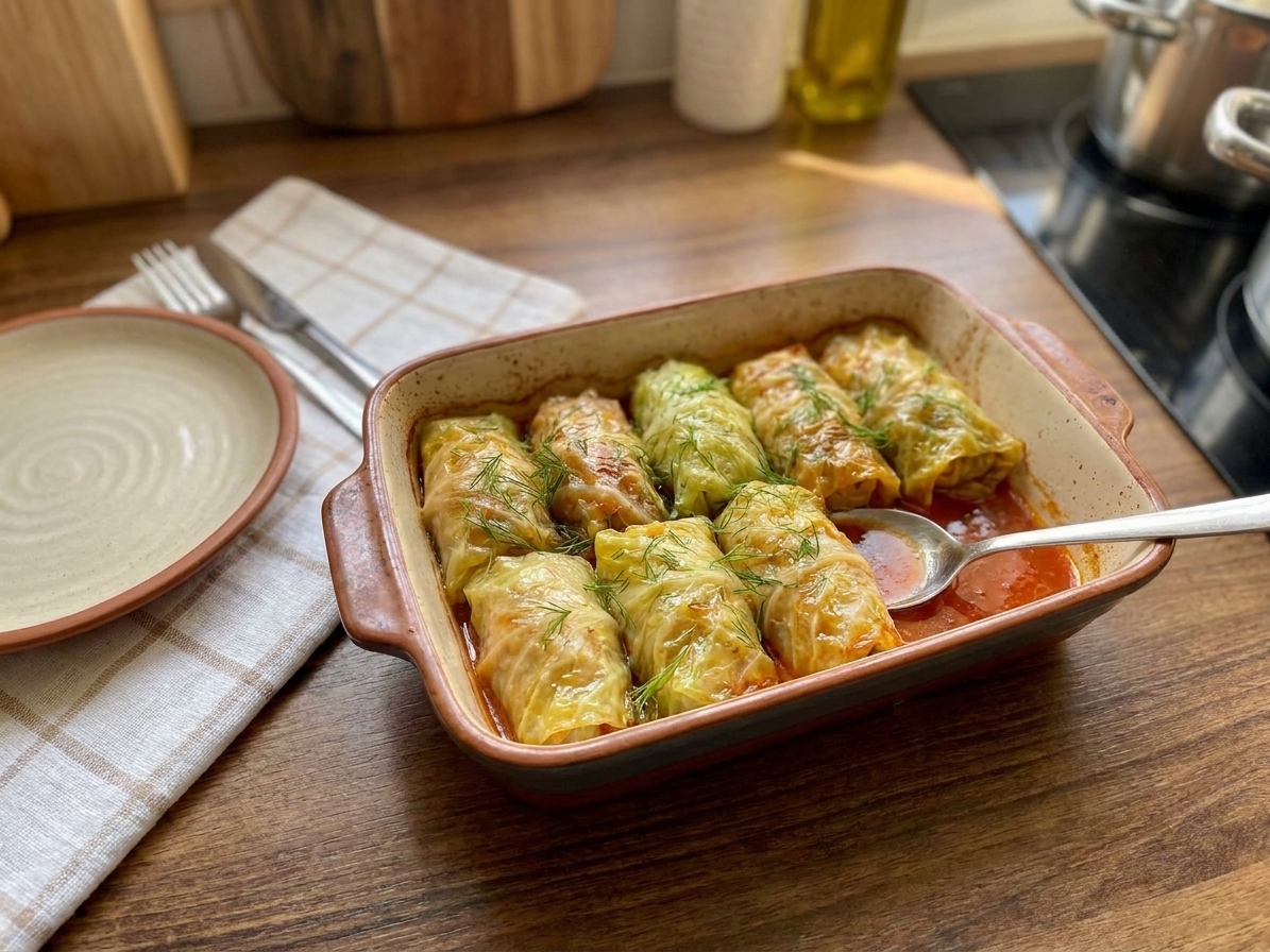 A casserole dish of baked golabki in tomato sauce on a wooden table, with a serving spoon and a simple table setting
