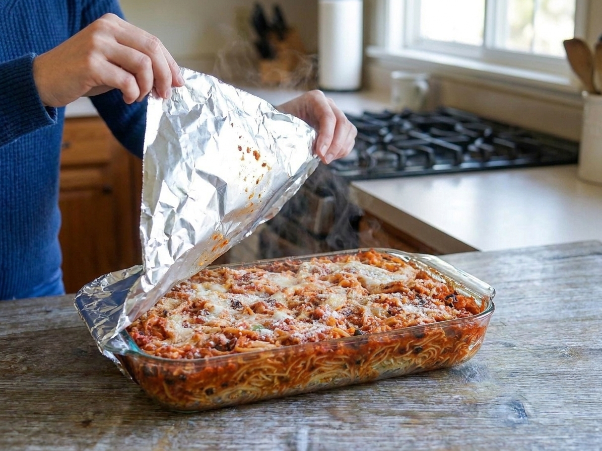 A casserole dish of baked spaghetti being uncovered with foil, revealing melted mozzarella and bubbling sauce in a home kitchen