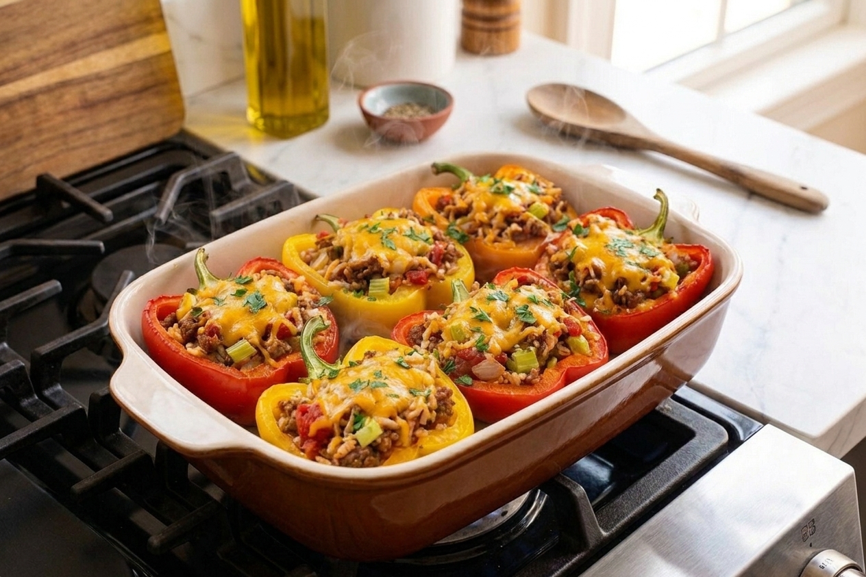 A casserole dish of baked stuffed peppers with melted cheese on top just out of the oven on a stovetop