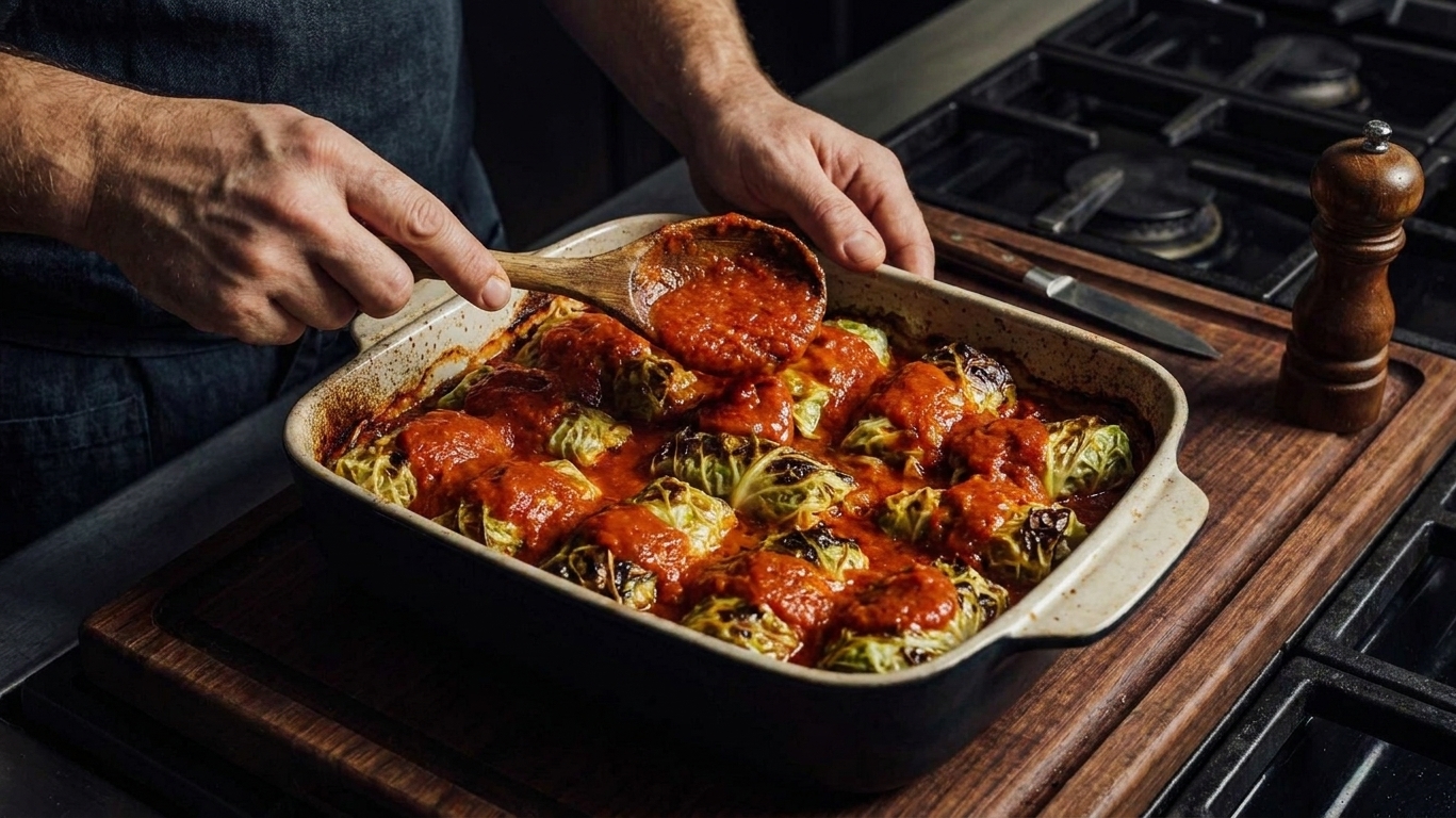 A casserole dish of cabbage rolls baked in tomato sauce, with a spoon lifting sauce over the rolls
