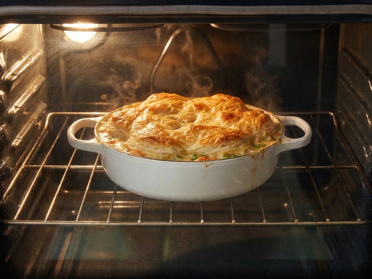 A casserole dish of chicken pot pie baking on the middle rack of a home oven with the topping rising and turning golden