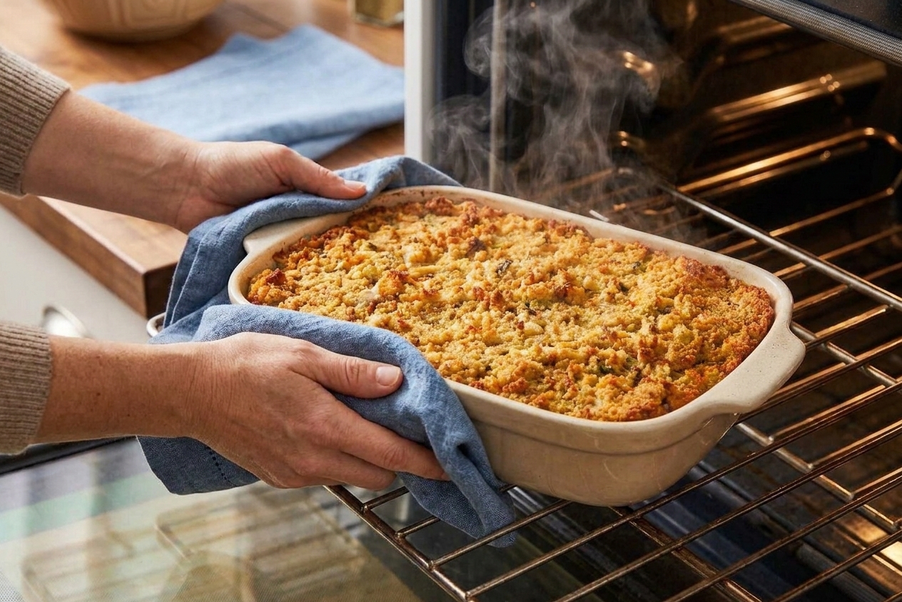 A casserole dish of cornbread dressing being pulled from an oven with a kitchen towel, steam rising