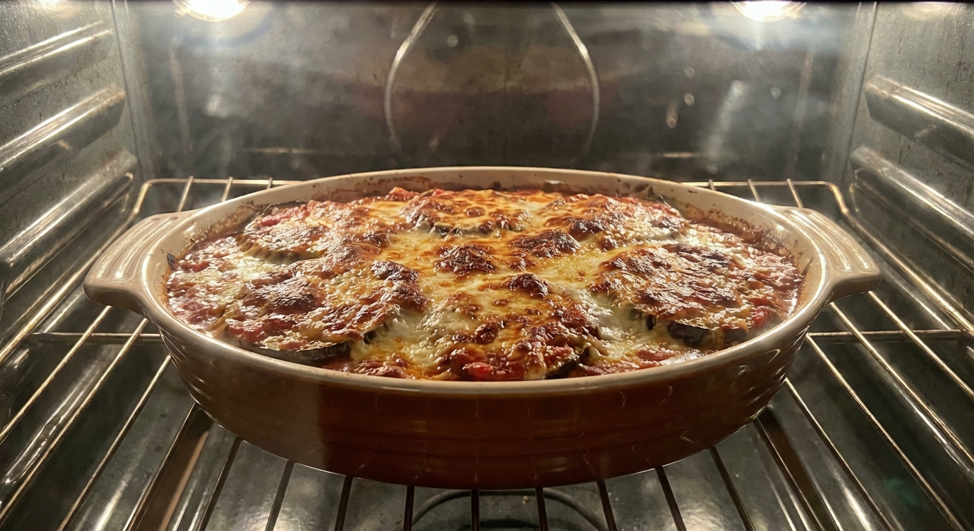 A casserole dish of eggplant Parmesan bubbling in the oven with browned cheese on top