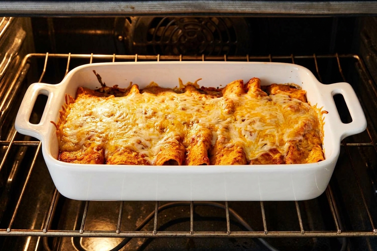 A casserole dish of enchilada bake on the middle oven rack with melted cheese starting to bubble under warm oven light