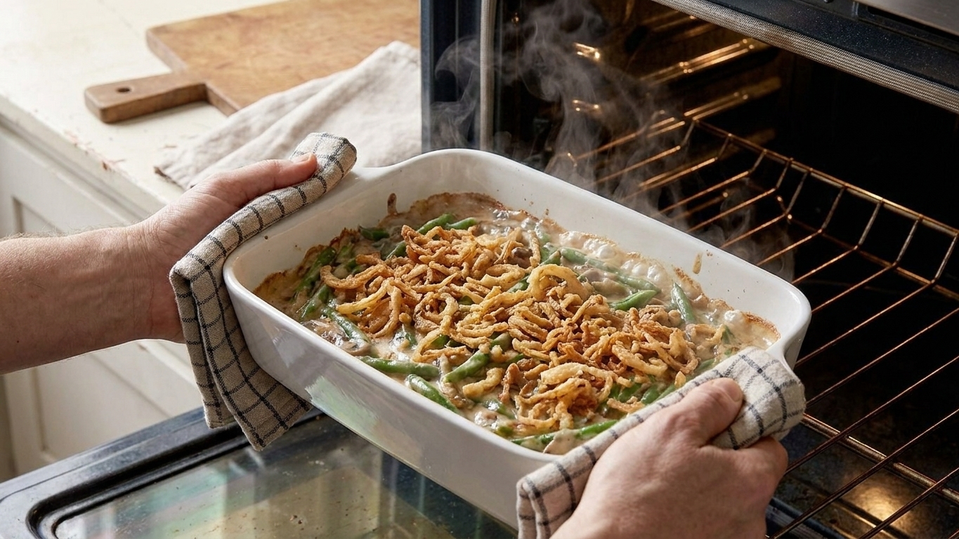 A casserole dish of green bean casserole being pulled from the oven with oven mitts, bubbling at the edges and topped with crispy fried onions